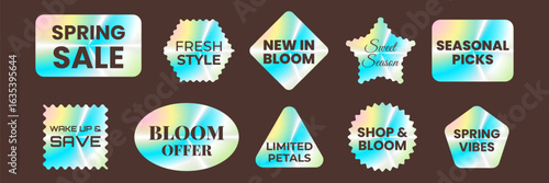 Set of holographic stickers. Spring sale. Soft pastel holographic labels different shapes mint pink gradients elegant fonts. Vector illustration for beauty fashion spring marketing campaign