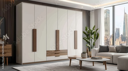 Modern Living Room with Stylish Wardrobe and City View