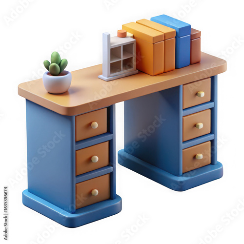 Cartoon desk with drawers books and potted plant table isolated on a transparent background