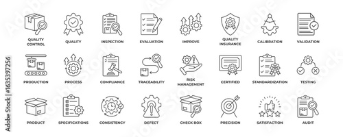 Quality Control Icons Collection Set. Containing inspection, evaluation, product, quality assurance, process, testing and quality control icon. Simple Line Vector Illustration.