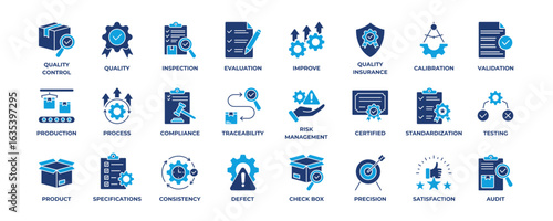 Quality Control Icons Collection Set. Containing inspection, evaluation, product, quality assurance, process, testing and quality control icon. Simple Flat Vector Illustration.
