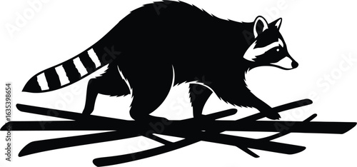 A black silhouette of a raccoon walking over sticks, showcasing its distinctive masked face, ringed tail, and curious posture