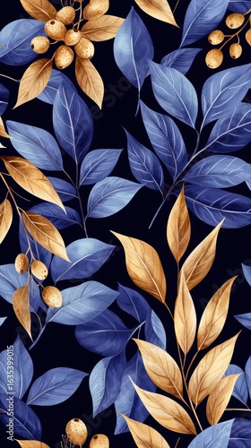 Elegant Floral Pattern with Blue and Gold Leaves on Dark Background