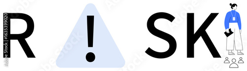 Large RISK typography with a triangle warning symbol replacing I female figure holding documents small group icons. Ideal for safety, strategy, caution, leadership, management, decision-making