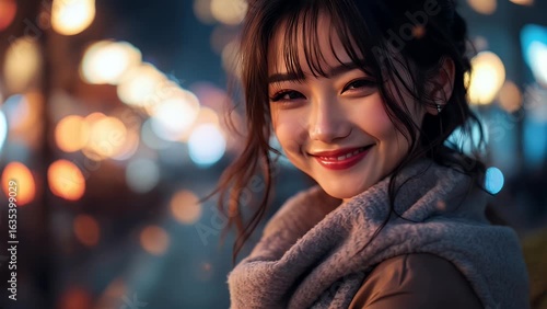 Wallpaper Mural Close-up portrait of a smiling young woman wearing a grey scarf, at night with warm bokeh lights in the background, conveying a happy and serene mood. Torontodigital.ca