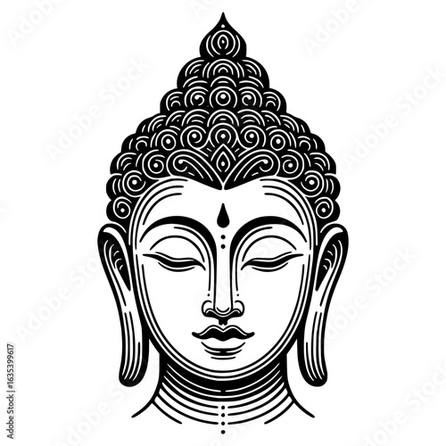 Enlightened Contemplation: A serene illustration captures the meditative essence of a Buddha statue, his eyes closed in tranquil repose. The intricate line art showcases a deep spiritual connection.