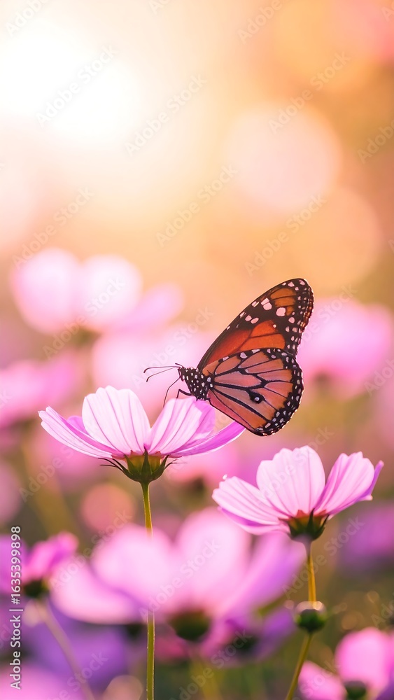 Naklejka premium Butterfly on cosmos flowers in soft light