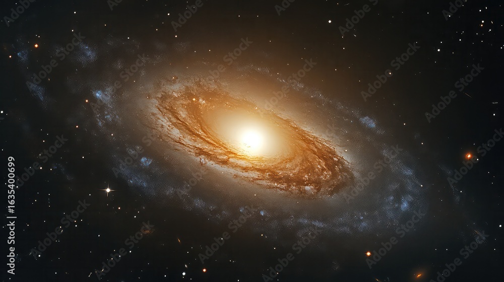 Naklejka premium Dramatic space background featuring a spiral galaxy with a bright center.