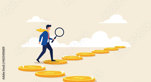 Searching for Financial Growth and Opportunity. A businessman walking on a staircase of golden coins while holding a magnifying glass.

