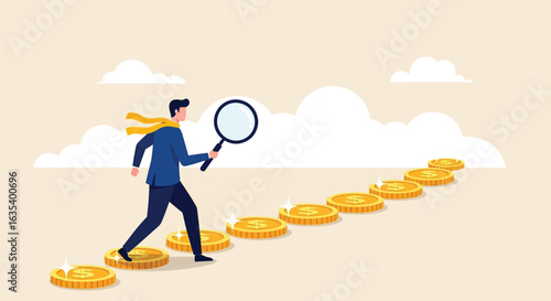 Searching for Financial Growth and Opportunity. A businessman walking on a staircase of golden coins while holding a magnifying glass.

