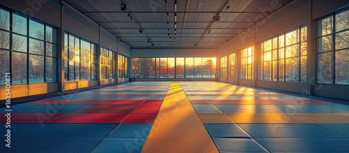 Sunlit empty martial arts dojo with colorful mats and large windows.
