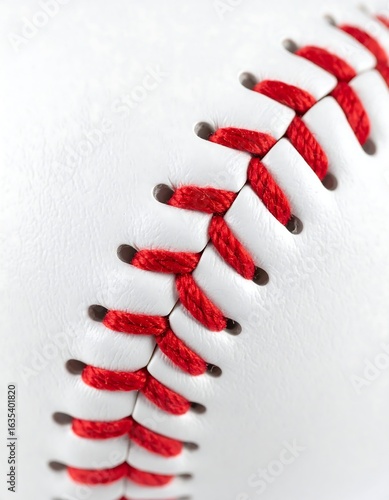 Close-up of a white baseball's red stitching