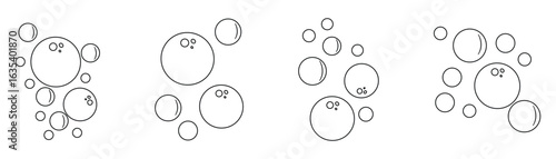 Bubbles water icon. Fizzy drink, water bubble icon set. Sphere foam, aquarium, soap foam, oxygen bubble, effervescent champagne. Aqua sparkle, doodle pure clean underwater gas. Vector illustration. 