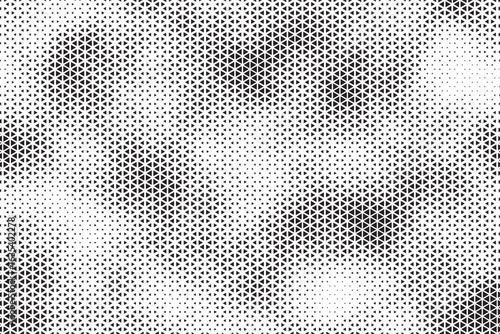 Grunge triangle halftone gradient texture. Faded grit noise background. Sandy gritty wallpaper. Retro pixelated backdrop. Black and white anime or manga comic overlay. Vector illustration.