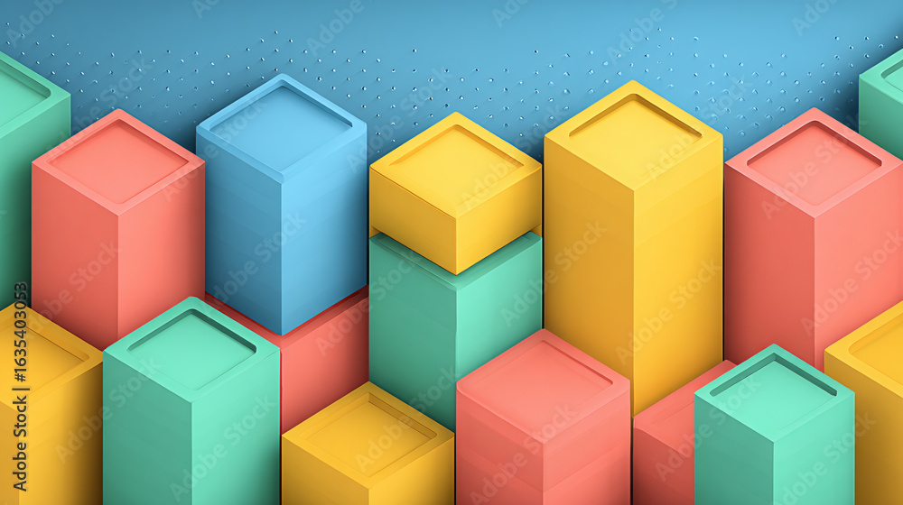 Fototapeta premium Colorful 3D Geometry Blocks Stacked Shapes Render Vibrant Abstract Pattern Background Graphic Design Textures Modern Layout Playful Structures Digital Art Multicolored Educational Infrastructure