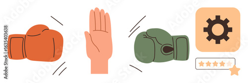 Orange glove, open hand, green glove, gear icon with rating bar emphasize conflict, negotiation, resolution, teamwork, problem-solving strategy communication mutual understanding. Ideal for simple