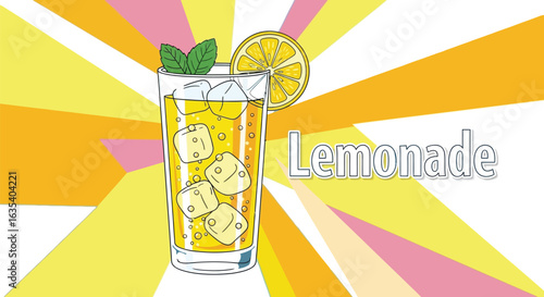A refreshing glass of lemonade with ice and lemon slice, capturing sweet and tangy flavor of this classic summer drink