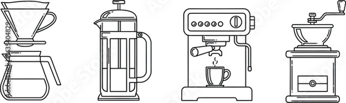 A set of coffee brewing equipment, including a pourover, french press, espresso machine, and grinder, showcasing various methods for preparing coffee at home or in a cafe