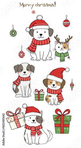 Festive Pixel Art Christmas Scene Of Dogs and Cat With Presents On Black Isolated Background