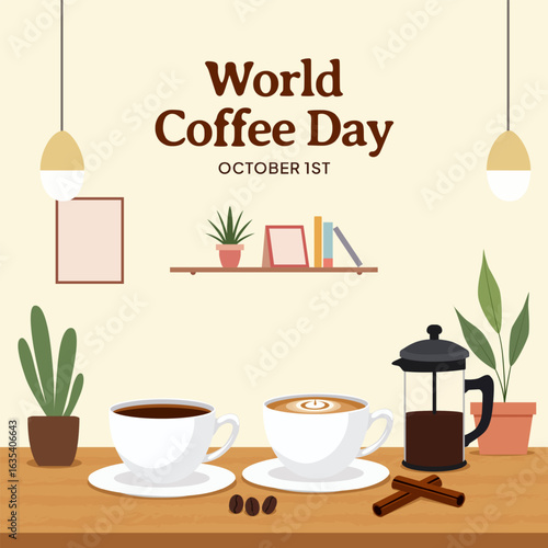 World Coffee Day October 01st with a cup coffee and cappucino on the table in cafe scene