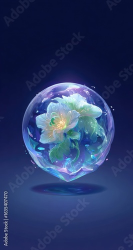 Floating, ethereal flower in a translucent sphere