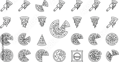 Collection of pizza illustrations in black and, showcasing various slices, whole pizzas, and serving tools, perfect for illustrating menus, recipes, or foodrelated designs