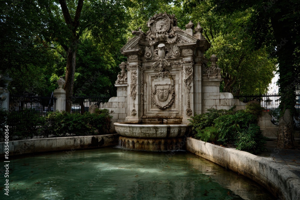 Fototapeta premium Ornate stone fountain in city park, tranquil scene