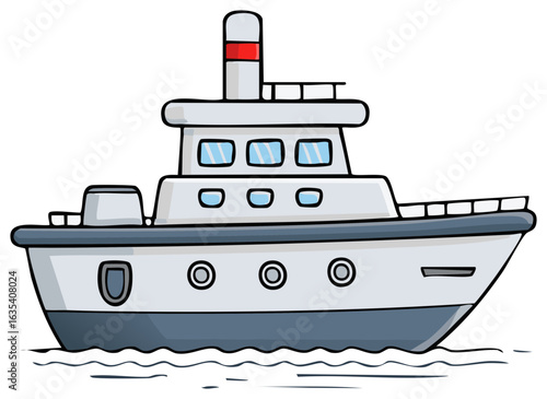 Stylized illustration of a modern motor yacht with a cabin and a smokestack sailing on water