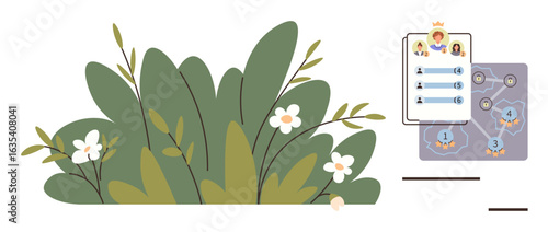 Lush green foliage and blossoms paired with a digital ranking chart showing connections and profiles. Ideal for networking, nature, teamwork, organization, ecology, interaction, simple flat metaphor