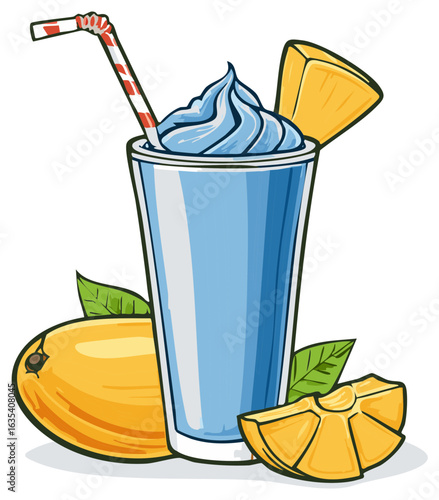 Refreshing cartoon smoothie with a fruit slice garnish and mango on the side