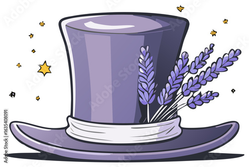 Cartoon illustration of a top hat with lavender and sparkling stars