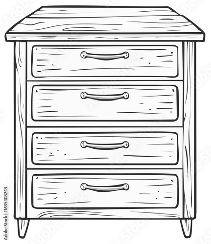 Rustic wooden chest of drawers illustration with four compartments and handles