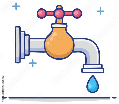 Water Tap Cartoon Style with Blue Drop Illustration, Plumbing Icon Concept