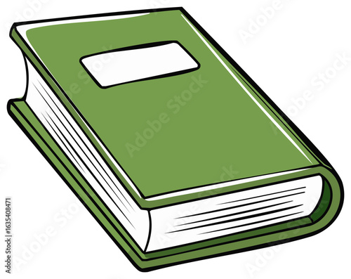 Stylized green hardcover book with blank label on cover and visible pages