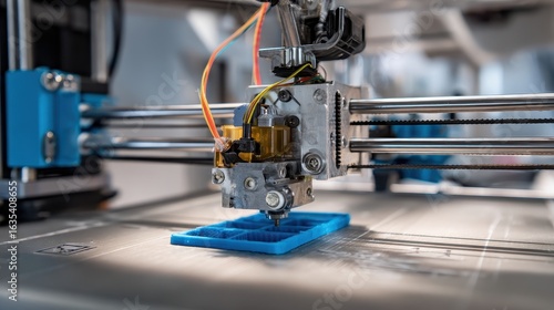 3D printer creating blue plastic part in lab