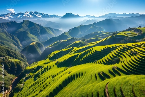 Lush green terraced hillsides cascade down a dramatic mountain valley under a clear blue sky