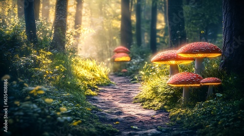 Magical forest path glows with red white mushrooms for fantasy scene showing mystery light enchantment nature wonder whimsy background illustration digital design concept