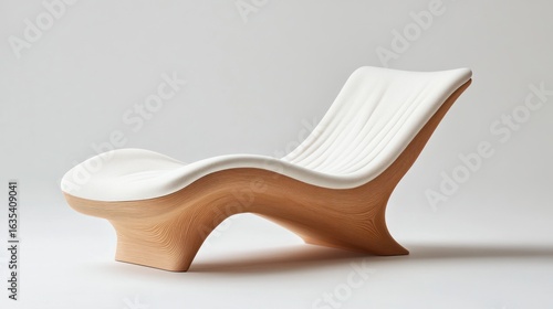 Sculpted wooden frame chaise lounge with a soft, pleated off-white cushion