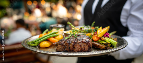 Waiter presents gourmet steak dinner with fresh vegetables on a platter
