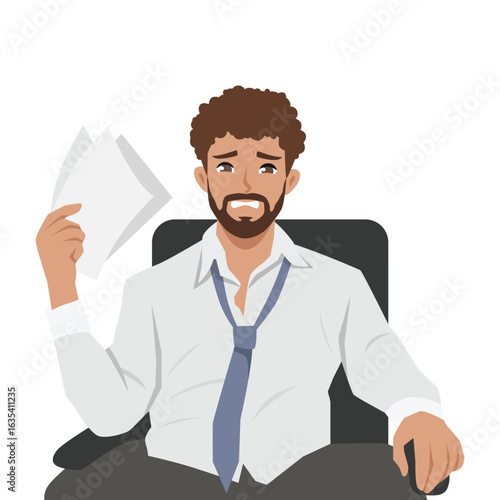 Man sits slouched in a chair, holding papers with a distressed expression, depicting work stress. Flat Vector character illustration