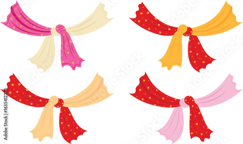 Indian wedding gathbandhan knot set, traditional shubh vivaah cloth knot tied during Hindu marriage rituals, colorful vector illustration with red, pink, cream, yellow fabrics for wedding invitation