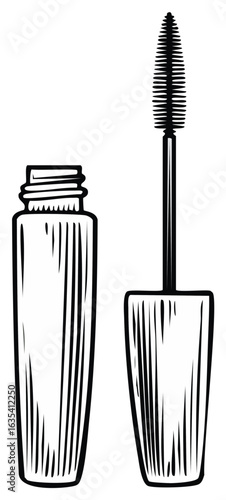Isolated black and white illustration of an open mascara tube with applicator wand