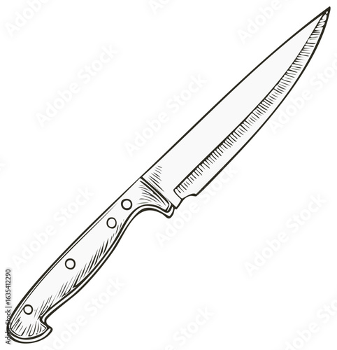 Hand Drawn Kitchen Knife With Serrated Edge and Riveted Handle