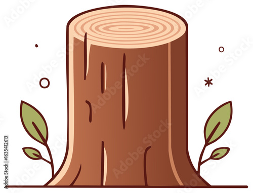 Cartoon tree stump with visible growth rings and budding green leaves
