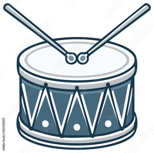 Classic toy drum with crossed drumsticks, vector illustration of a musical percussion instrument.