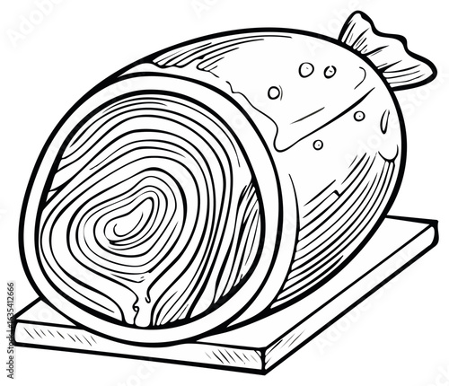 Sketch of Cooked Ham on a Wooden Board Ready to Slice for a Delicious Meal