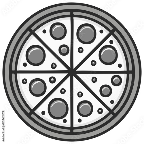 Illustration of a round, sliced pizza on a tray with pepperoni or salami toppings in grayscale, offering a delicious taste.