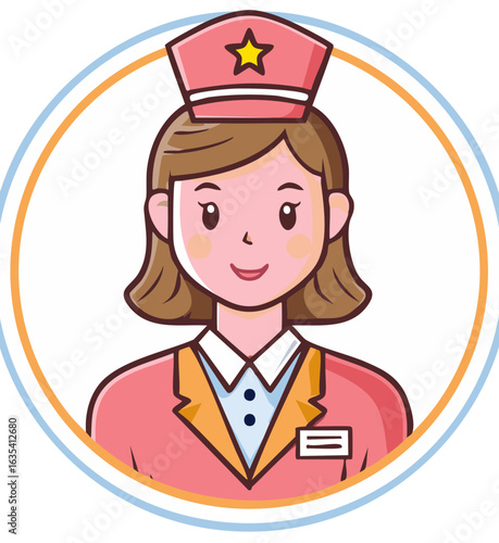 Friendly female character avatar in uniform with star cap for customer service
