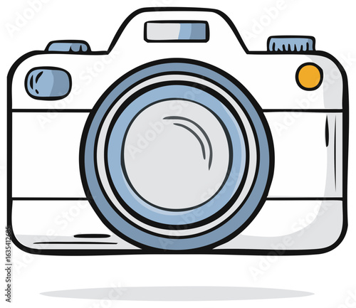 Illustration of a stylized white camera with gray and black outline for photography or videography