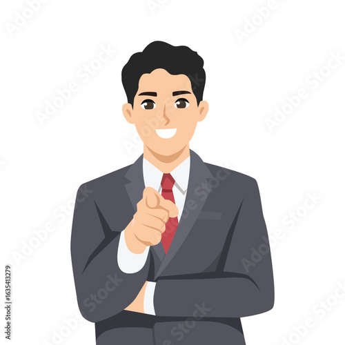 We Want You on the Team. Man in a business suit pointing directly forward, symbolizing recruitment. Flat Vector character illustration